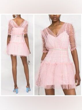 Self Portrait Pink Tulle Swiss Dot Ruffle Mini Dress US 6 Rhinestone Belt